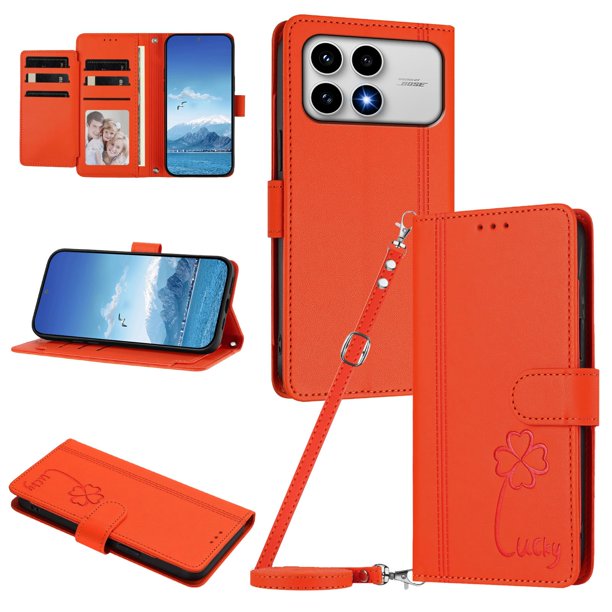 Funda Cartera Trébol para Xiaomi Poco F8 Pro con Ranuras Tarjetas y Carga Inalámbrica Naranja