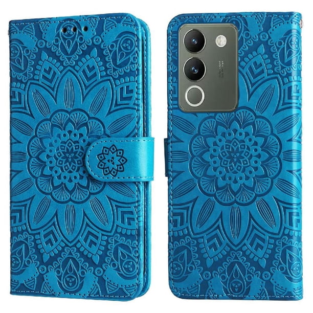 Funda tipo cartera FOXDOCK para Vivo V29E , diseño girasol en relieve, cuero PU, cierre magnético, soporte y tarjetero