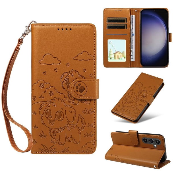 Funda Cartera para Samsung Galaxy S23 FE Perro Cachorro Grabado con Tarjetas Soporte Correa Marrón
