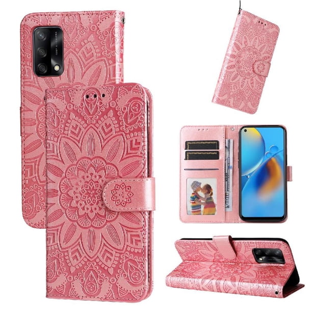 Funda tipo cartera FOXDOCK para OPPO A95 4G , diseño girasol en relieve, cuero PU, cierre magnético, soporte y tarjetero