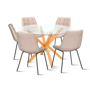 Klik Muebles - Mesa De Comedor Redonda De Vidrio Cross 120Cm + 5 Silla Macron Terciopelo - Beige