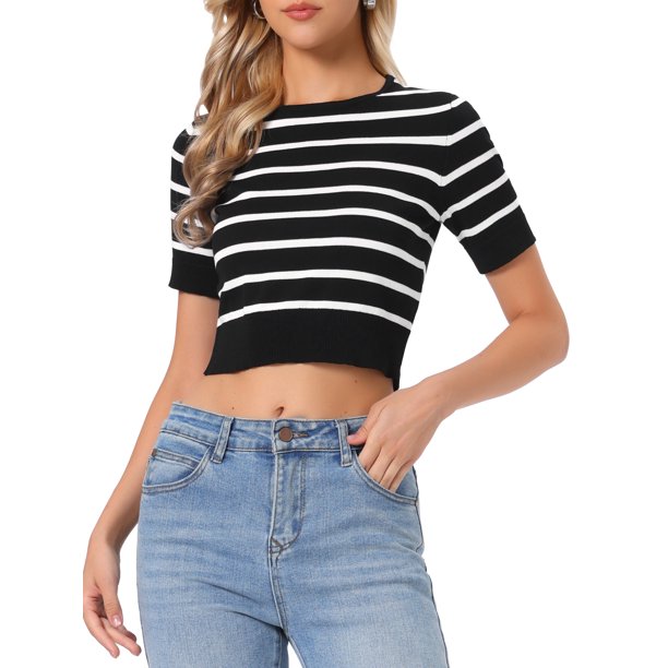 INSPIRE CHIC Top de Manga Corta a Rayas para Mujer Cuello Redondo Camisetas 2026 Verano Tejido Casual Suéter Recortado L Negro
