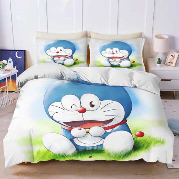 v2892 Bed Sheets Cartoon Doraemon Duvet Cover Home Blue Printed Pillowcase Set Adult Bedroom Children Comforter Bedding 3-Piece Bedding Set (1 Duvet Cover + 2 Pillow Shams) Bed Sheets ju2892
