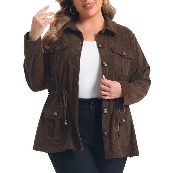 GRACE & GRANDEUR Chaqueta Casual de Mujer de Talla Grande Pana con Cordón en la Cintura