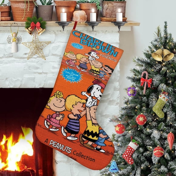 PEANUTS Tema: Calcetines de Navidad, fino lino blanco para colgar en escaleras y chimenea, decoración navideña para el hogar, regalo de Navidad. 54cm × 38cm