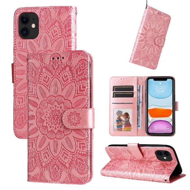 Funda tipo cartera FOXDOCK para iPhone 11 Pro Max , diseño girasol en relieve, cuero PU, cierre magnético, soporte y tarjetero