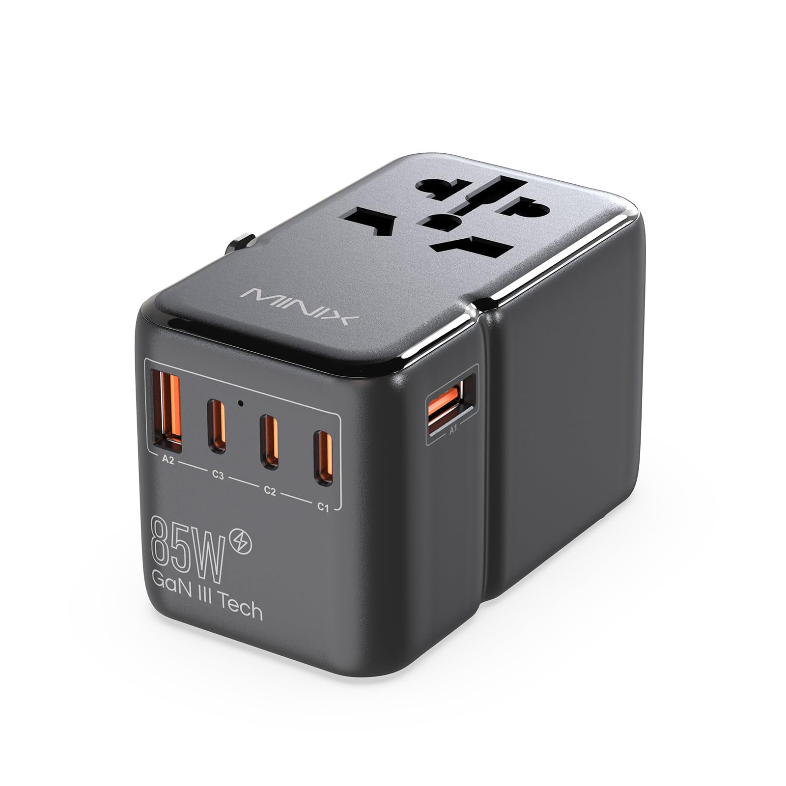 Adaptador De Viaje Minix Tp85 85w Gan Iii Con 3 Usb-c Y 2 Usb-a
