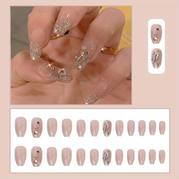 24pcs Heart Design Press On Nails with Rhinestones - Long Coffin Fake Nails for Women, Girls, and Men - Full Glue On Acrylic Artificial Nails for Manicure Art Decorations