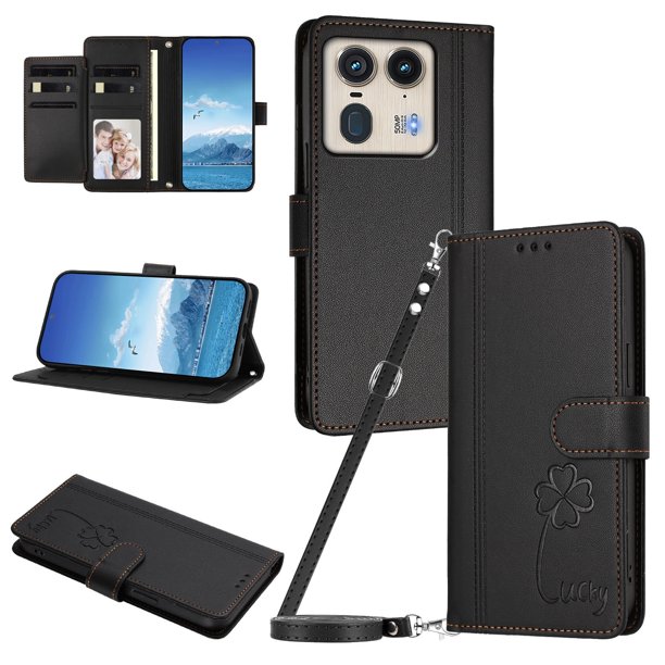 Funda Cartera Trébol para Motorola Edge 50 Ultra 5G con Ranuras Tarjetas y Carga Inalámbrica Negro