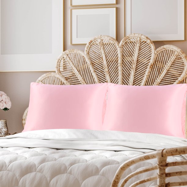 PiccoCasa Fundas de Almohada de Satén de Lujo Juego de 2 Fundas de Almohada de Seda, King Rosa