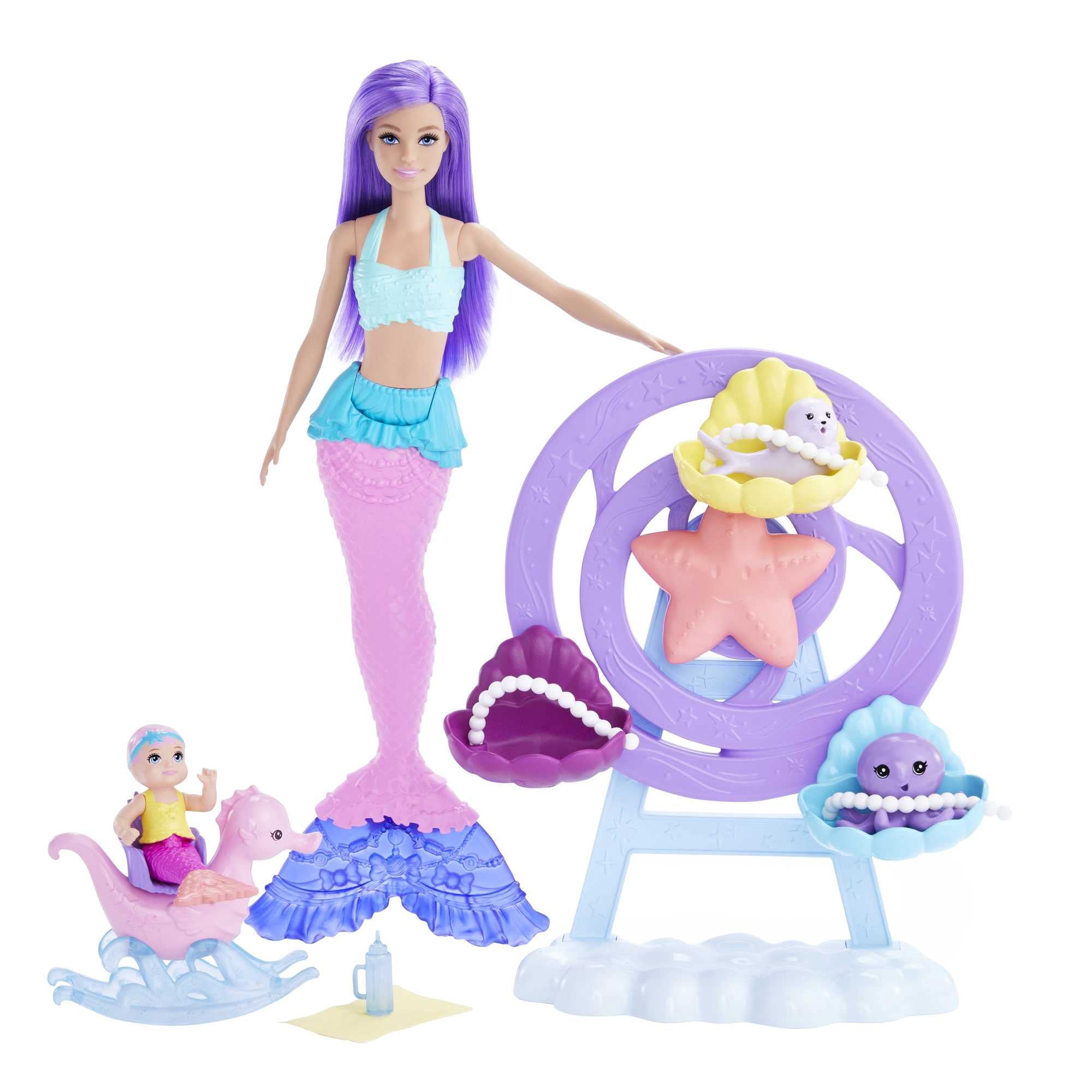 Muñeca Sirena Barbie Con Pelo Morado, Merbaby, Pulpo Y Foca