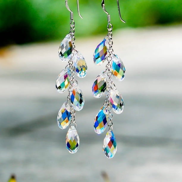 Teardrop Shape Colorful Artificial Crystal Decor Long Dangle Earrings Bohemian Elegant Style Zinc Alloy Silver Plated Jewelry Wedding Ornaments