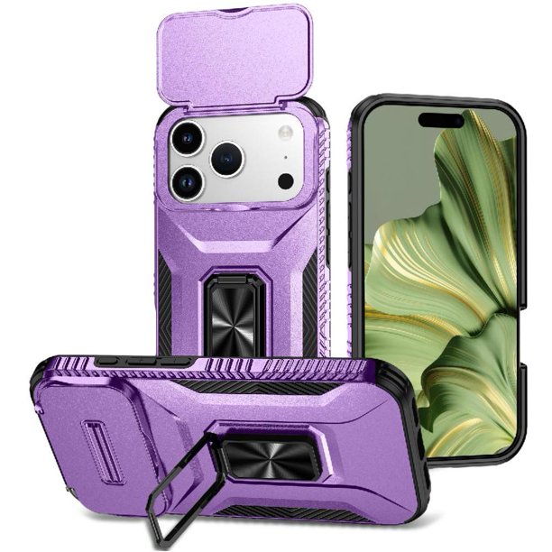 Funda Armada para iPhone 17 Pro Max con Tapa Deslizante y Soporte Magnético Giratorio Morado