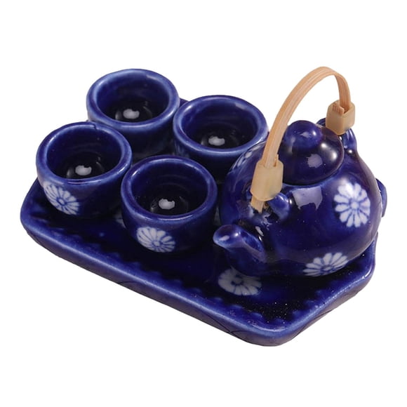 Juego de té en miniatura para 1:12, modelo de tetera de cerámica para escritorio, mesa de comedor, cocina, decoración para sala de est Azul marino