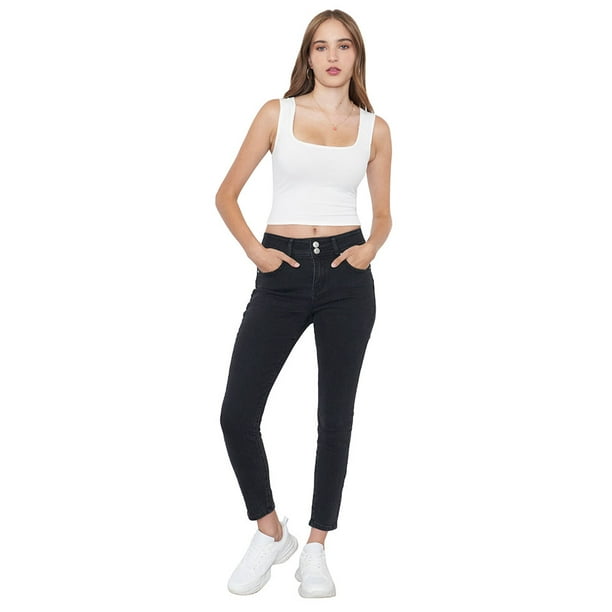 Jeans Mujer Skinny Fit Hight Waiste Negro 2 Botones Corona