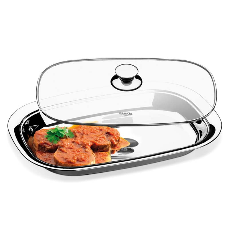 Brinox - Fuente Con Tapa De Vidrio Linea Lyon En Acero Inoxidable 28x40 Cms
