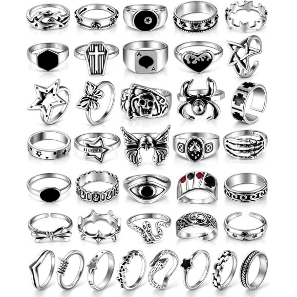 FAXHION Vintage Silver Rings for Women Men, 40PCS Gothic Jewelry