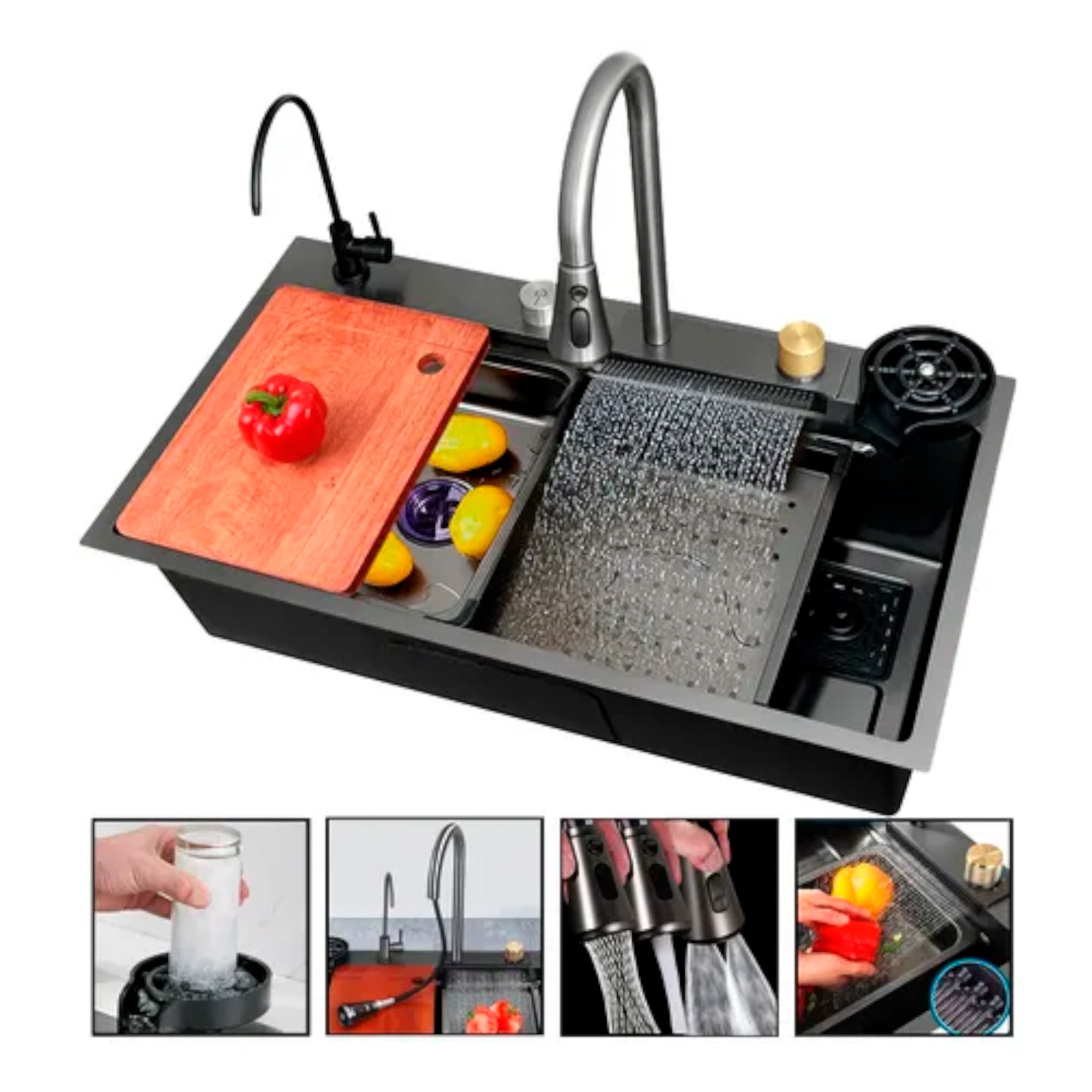 Beiti - Lavaplatos Cascada Lavavasos Llave 2 Modos 68x45 Acero Inox