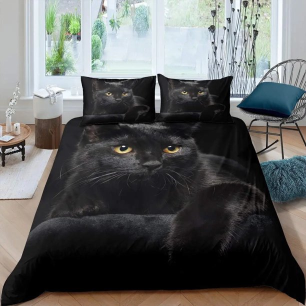 Cat Duvet Cover Set Pet Cats Pattern Twin Bedding Set Cute Kitten for Boys Polyester Mysterious Black Cat King Size Quilt Cover Bed Sheets