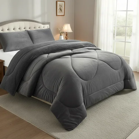 Casadeliacl - Cobertor Cubrecama Grueso Pluch Con Chiporro 2Pl+2Fundas Gris Oscuro Lisa