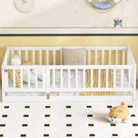 M&Ms - Twin Size Floor Bed, Montessori Floor Bed With Fence And Door, Kids Montessori Bed Twin Size, Wood Montessori Floor Bed For Kids, Girls, Boys(Twin White)