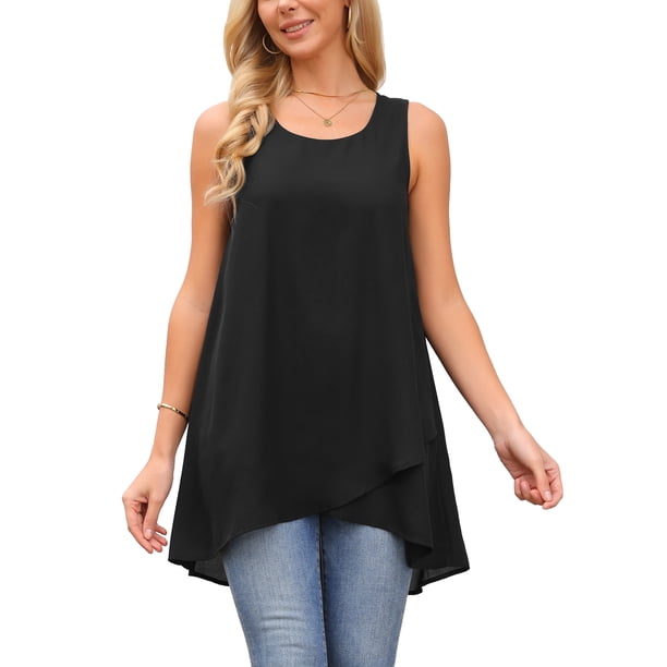 INSPIRE CHIC Blusa sin mangas de gasa casual de mujer para el regreso a clases, camiseta suelta asimétrica de cuello redondo, parte superior de verano, XL, negro