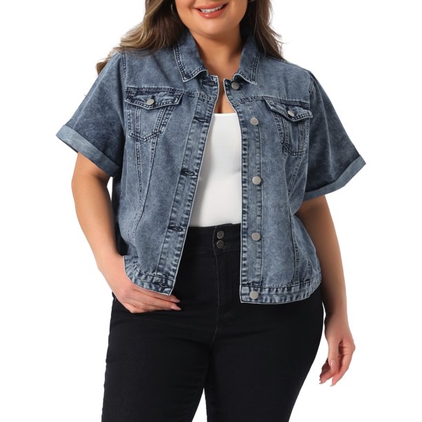 Chaqueta de mezclilla corta con botones al frente para trabajo, colegio o escuela de Agnes Orinda para mujer de talla grande, mangas cortas, 4X gris azul