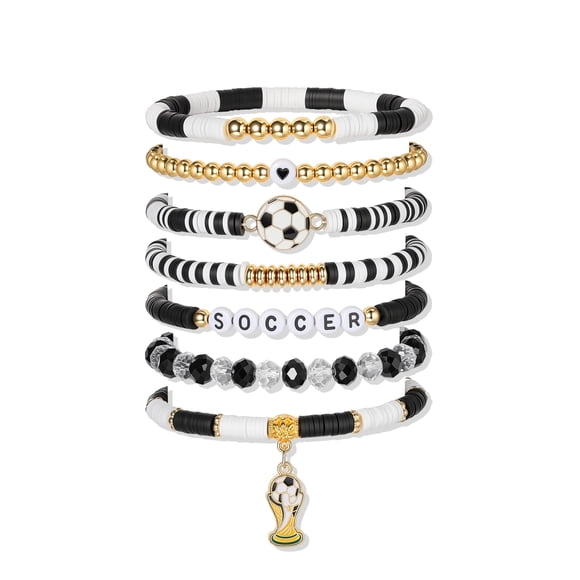 Set de pulseras Poasrelax 2026 de fútbol, 7 piezas, negro y blanco