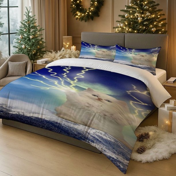 3pcs White Cat and Lightning Theme Printed Polyester Bedding Set | Ideal for Home/Guest Room All-Season Use