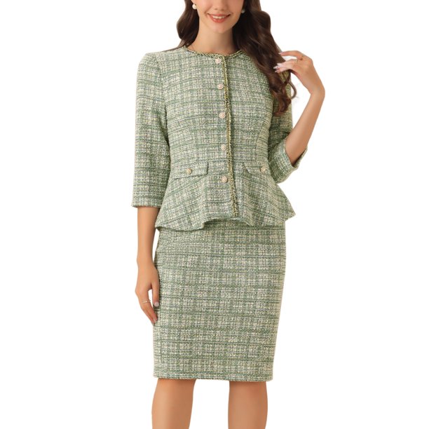 INSPIRE CHIC Conjunto de Traje de Tweed de 2 Piezas para Mujer Conjunto de Atuendo de Maestra para Regreso a Clases Chaqueta de Manga 3/4 con Botones y Falda Lápiz Verde S