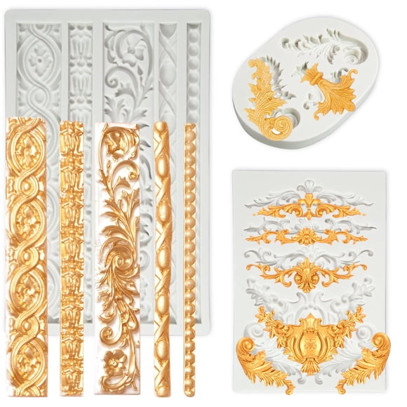 Molde de Fondant Grosun Pack de 3 Barroco de Silicona con Diseño de Pergamino