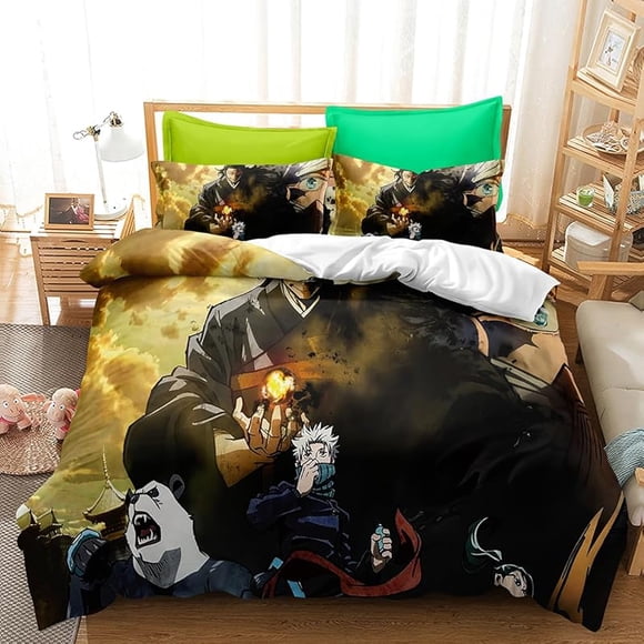 Anime- 3D Cartoo-n Cute Juj-utsu -Kai-sen 3 P-iece Anime Gir-l Comf-orter Set Boy-s and Girl-s Bed-ding Set -Super Soft Co-mforter Zipp-er 2 P-illowcas-es for Girl-s Boys
