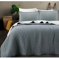 Genérico - Cubrecama Algodón Pompones 2 Plazas Color Gris