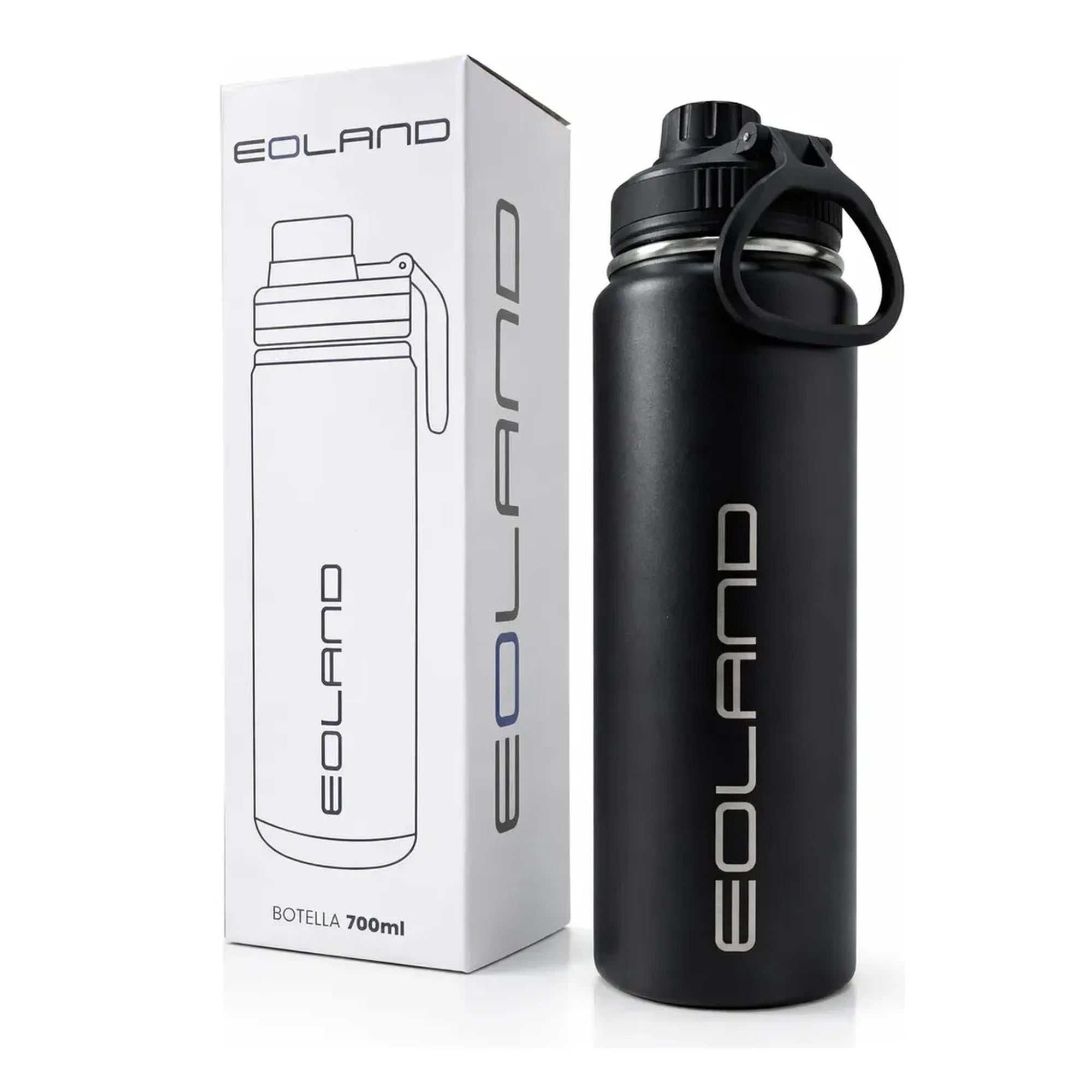 Eoland - Termo Botella Agua Termica 700ml Acero Inoxidable Liquido Negro Doble Tapa