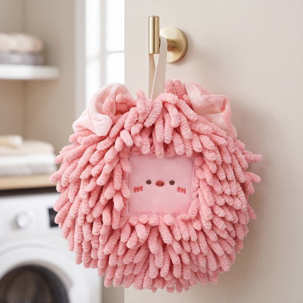 REGALWOVEN Toallas de Mano de Chenilla con Bola Peluda Juego de 1, Toalla de Mano Decorativa Linda Colgante Absorbente Toallas Suaves para Baño, Cocina Rosa 7" x 7"