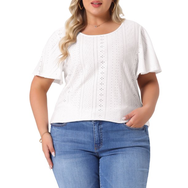 Agnes Orinda Camiseta de Escuela para Mujer Talla Grande Cuello Redondo Ajuste Suelto Manga con Volantes Verano Hueco Blusas Casuales 2X Blanco