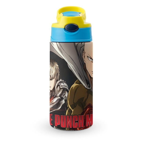 One-Punch Man Botella de Agua con Tapa Pop Top de Un Toque, Acero Inoxidable, a Prueba de Fugas, para Deportes, Botella Infantil azul 12 oz