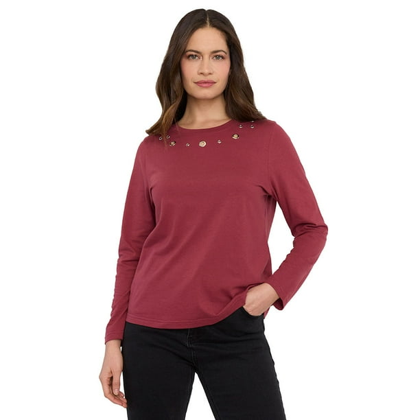 Polera Mujer Manga Larga Ojetillos Burdeo Corona