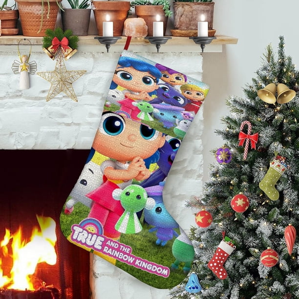 True y el Reino Arcoíris Tema: Calcetines de Navidad, fino lino blanco para colgar en escaleras y chimenea, decoración navideña para el hogar, regalo de Navidad.54cm×38cm