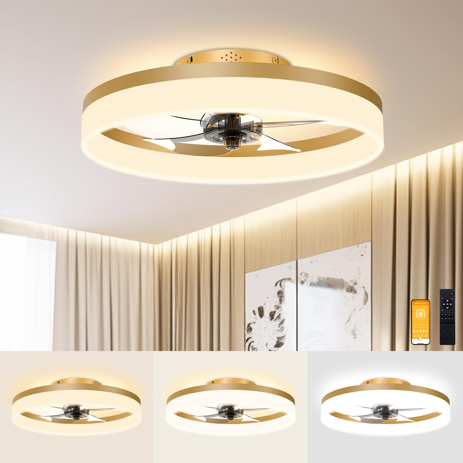 Ventilador De Techo Volisun De 50 Cm, Montaje Empotrado, Luz Led Con Control Remoto