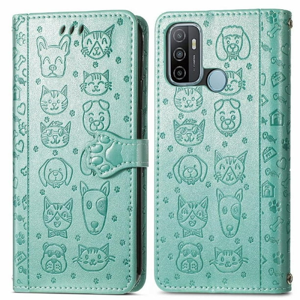 Funda Cartera FOXDOCK para OPPO A53 2020 , Flip PU con Relieve de Gatos y Perros, Tarjetero y Soporte