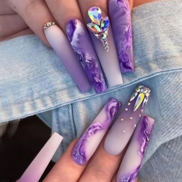Luxury Long Press On Nails Coffin Fake Nails Purple Ballerina Flash Rhinestones Stick On Nails Full Cover Acrylic False Nails For Women
