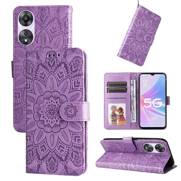 Funda tipo cartera FOXDOCK para OPPO A78 5G , diseño girasol en relieve, cuero PU, cierre magnético, soporte y tarjetero