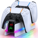 thumbnail image 1 of Estación de carga para el mando PS5 Dualsense/Edge con 9 luces de colores RGB, base de carga rápida PS5 y soporte de mando para PS5/Slim/Pro Controller-Blanco, 1 of 8