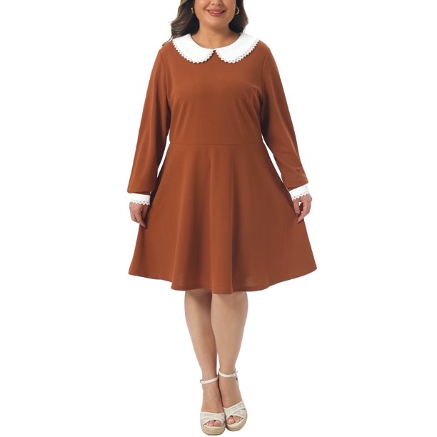 Agnes Orinda Disfraces de Halloween Vestido de Mujer Talla Grande Cuello Peter Pan Manga Larga Otoño Invierno Vestido Midi Línea A 2X Caramelo