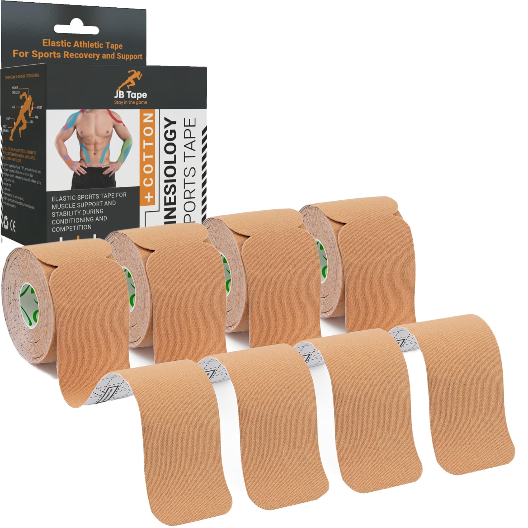 Junebugz - Cinta De Kinesiología Jb, Precortada, 80 Tiras, Elástica, Color Beige