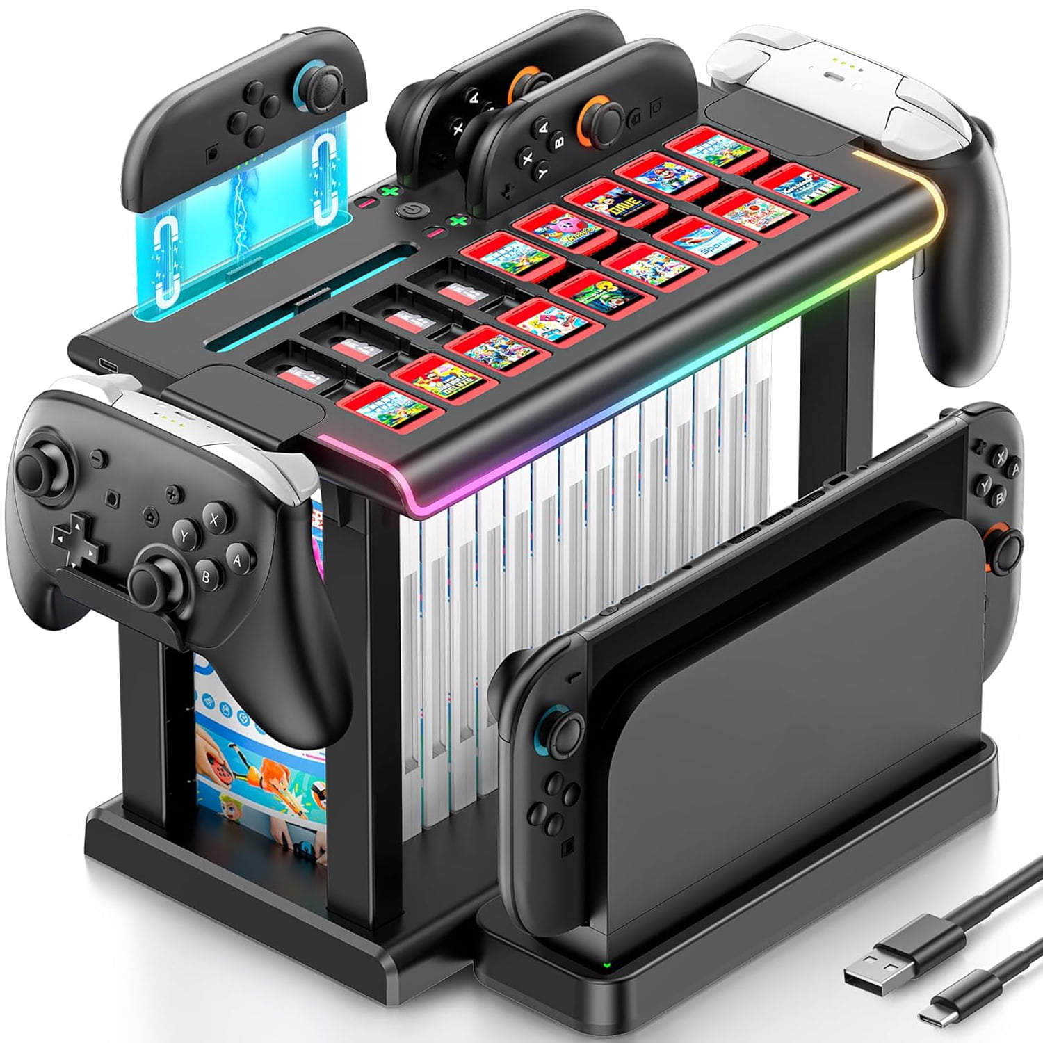 Genérico - Estación Organizador Rgb Con Base De Carga Para Controlador Para Switch 2, Soporte De Almacenamiento Para 2 Controladores, Soporta La Base Del Televisor, 16 Estuches De Juegos Y 18 Tarjetas De Juegos
