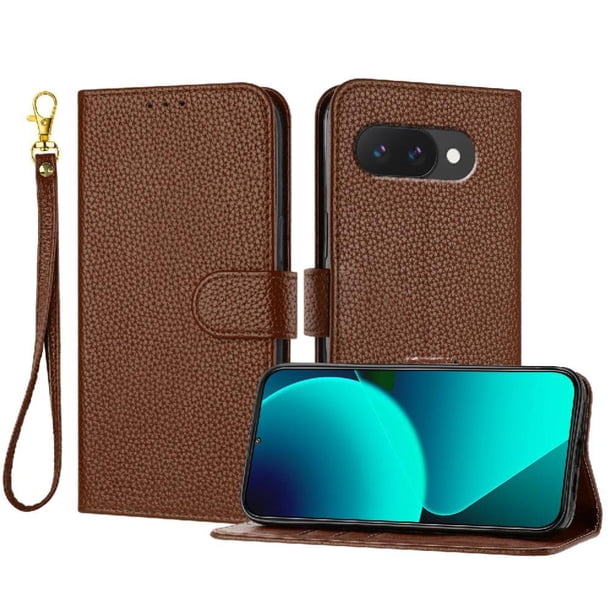 Funda Cartera para Google Pixel 9A Tarjetero Soporte Magnético y Correa Marrón