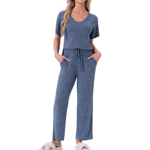 INSPIRE CHIC Conjunto de Pijama para Mujer de Punto Acanalado con Manga Corta, Parte Superior con Abertura Lateral y Pantalones, Conjunto de Dos Piezas para Estar en Casa con Bolsillos M Azul