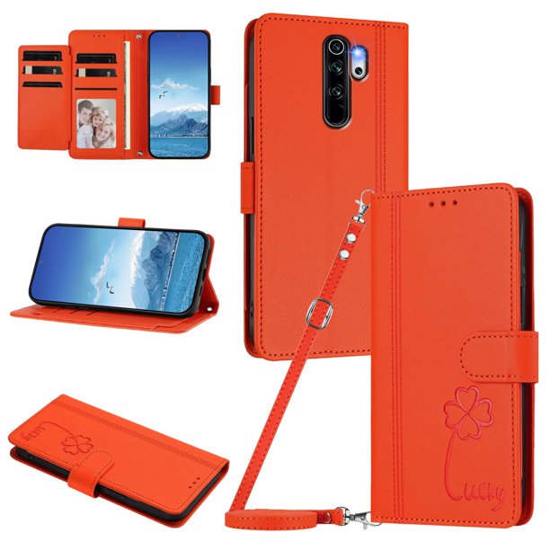 Funda Cartera Trébol para Xiaomi Redmi Note 8 Pro 4G con Ranuras Tarjetas y Carga Inalámbrica Naranja